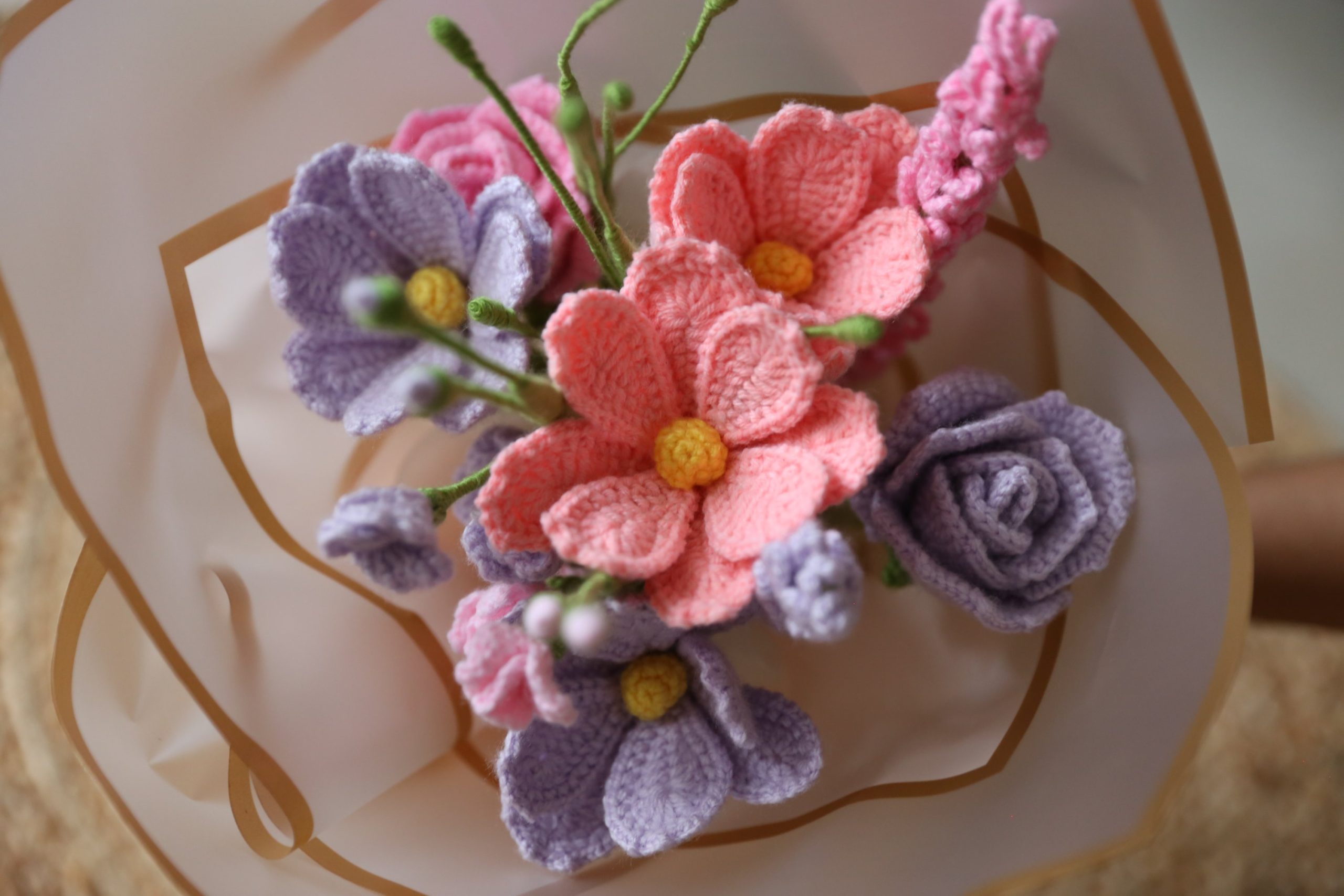 Handmade Crochet Pastel Cosmos and Roses Flower bouquet - Image 3